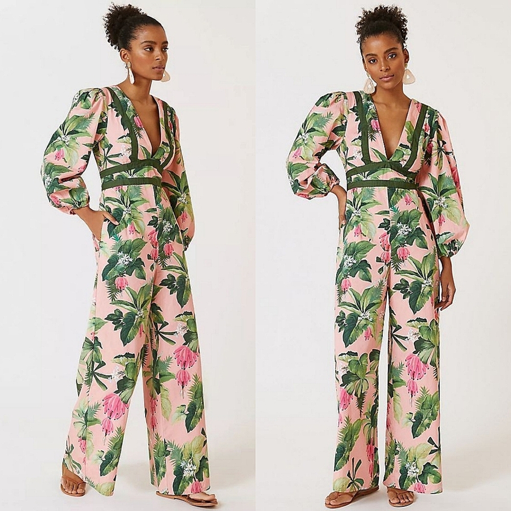 ☆Farm x Anthropologie Pink & Green Floral Print Deep-V Jumpsuit☆